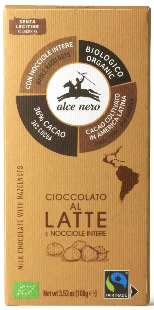 MLIEČNA ČOKOLÁDA S CELÝMI BIO LIESKOVÝMI ORIEŠKAMI FAIR TRADE 100g - ALCE NERO