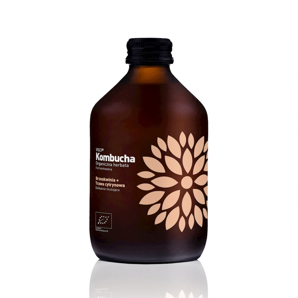 KOMBUCHA S BROSKYŇOU A CITRÓNOVOU TRÁVOU BEZLEPKOVÁ BIO 330ml - VIGO