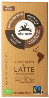 MLIEČNA ČOKOLÁDA S CELÝMI BIO LIESKOVÝMI ORIEŠKAMI FAIR TRADE 100g - ALCE NERO